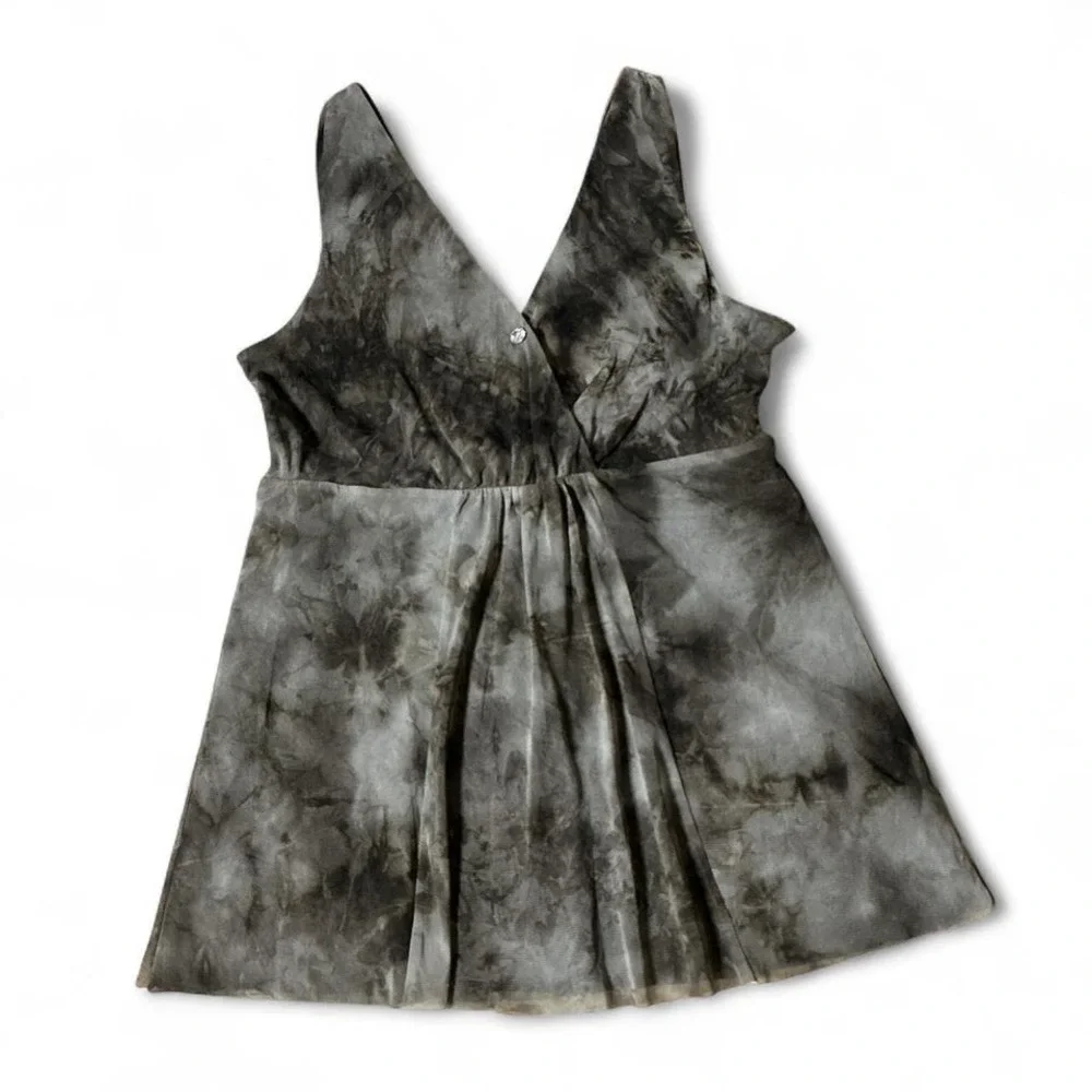 Michael Kors Grey Tie Dye Mesh Whimsigoth‎ Babydoll V-Neck Goth Sleeveless Top M